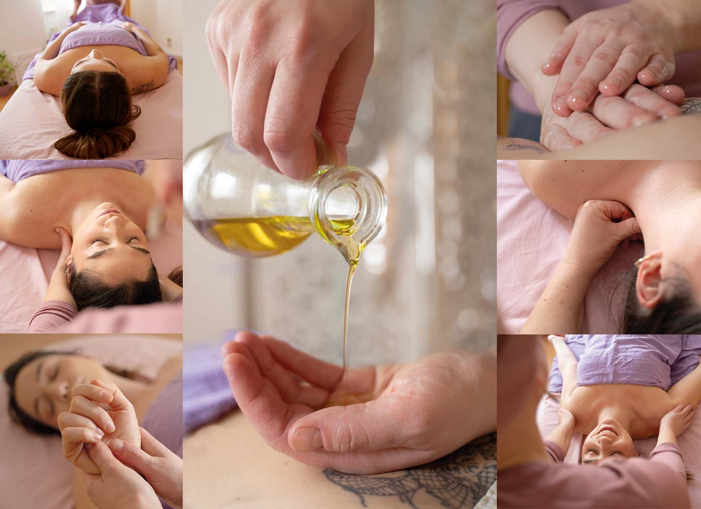 Collage Massage Hand, Nacken, Beine, Arömaöl, Schultern